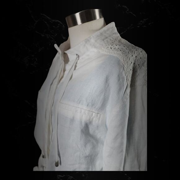 Saint Tropez West White Eyelet Linen Button Cinch Waist Utility Jacket Sz Medium - Picture 14 of 16